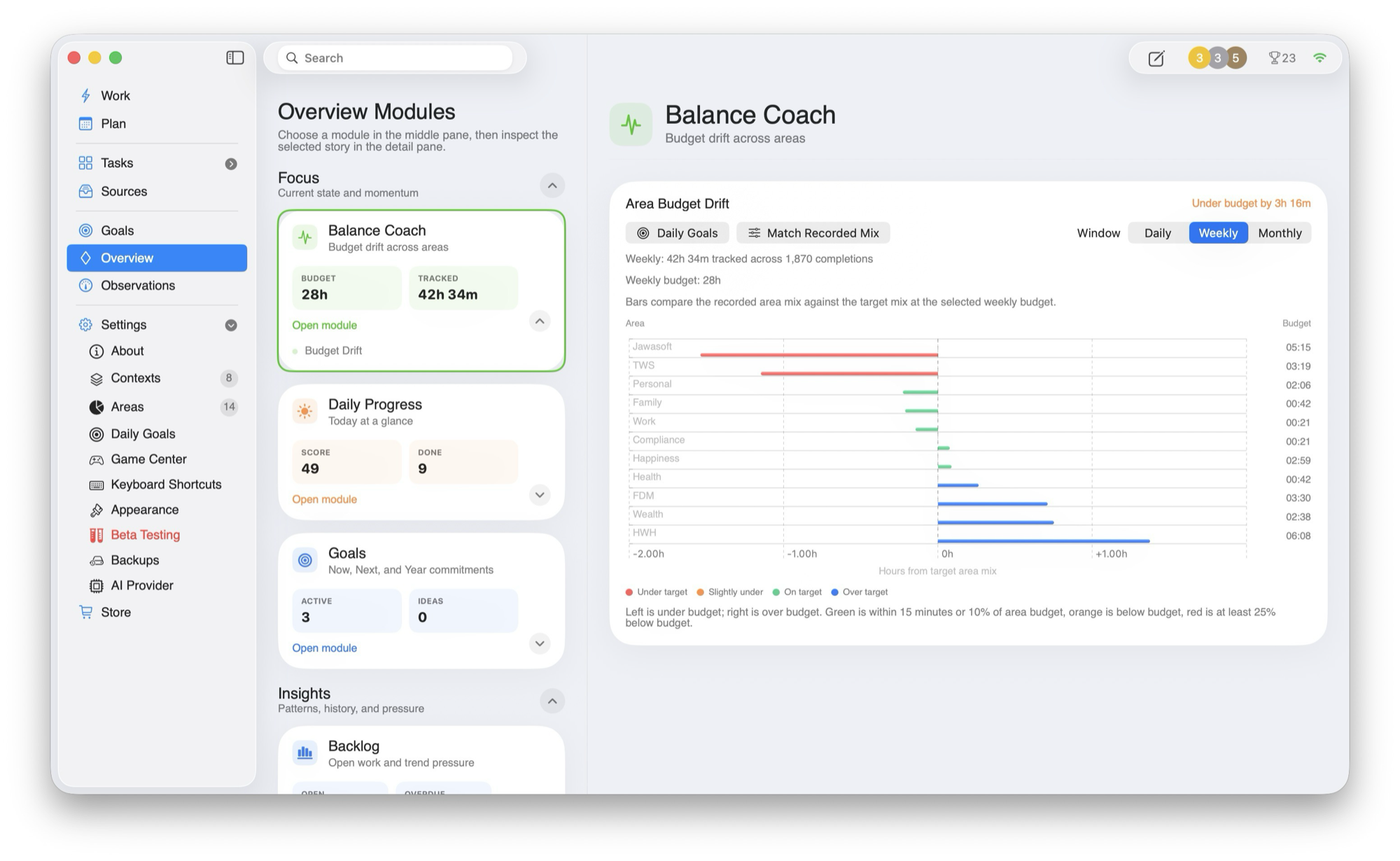 HWH macOS app Balance Coach showing planned versus actual time by life area