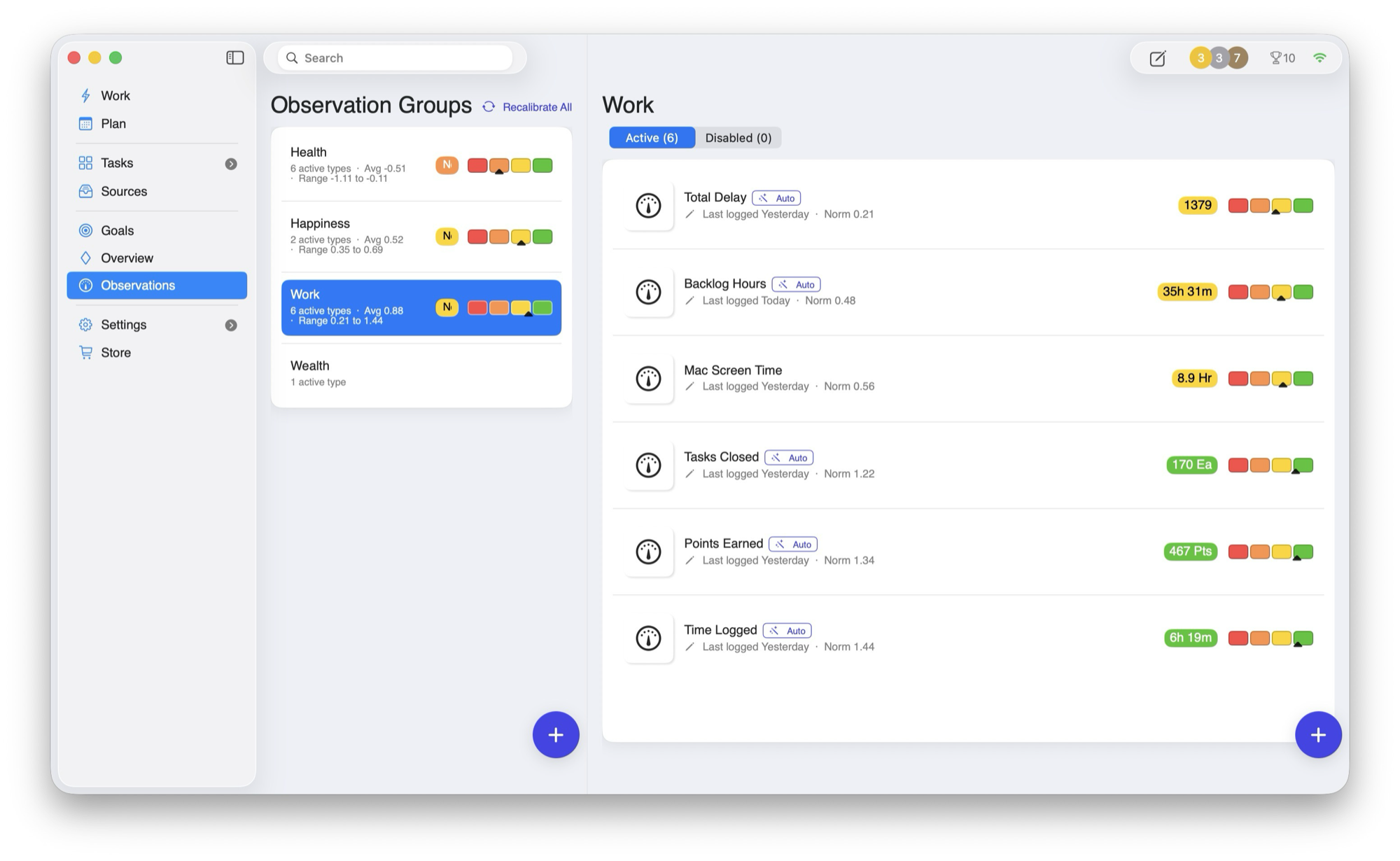 HWH macOS app showing observation groups and habit metrics by life area