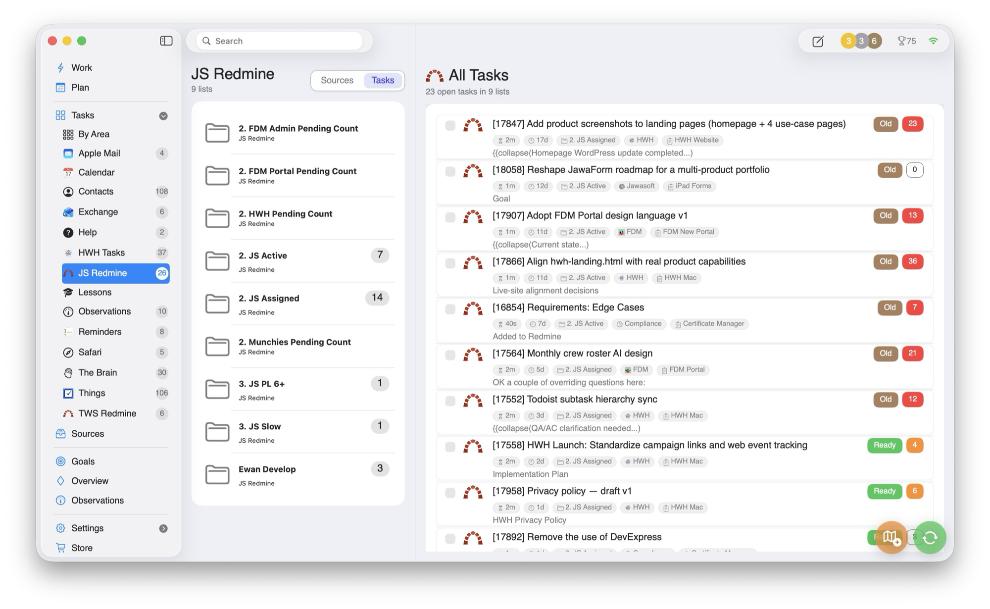 HWH macOS app showing connected task, calendar, mail, and project sources
